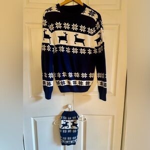 Navy Blue Reindeer Adult Sweater (M) with matching dog sweater (S)